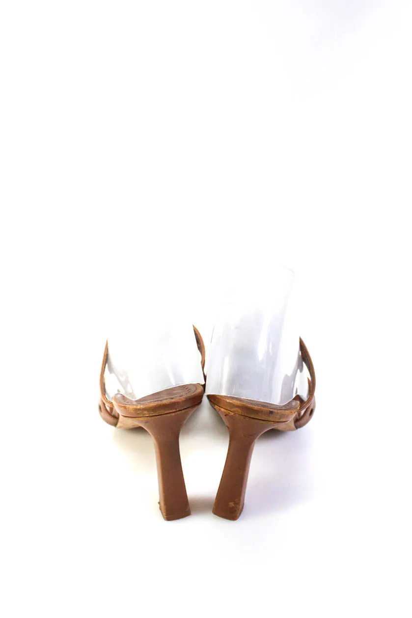 Manolo Blahnik Womens Perforated Leather Mules Sandals Brown Shoes_Manolo-Blahnik