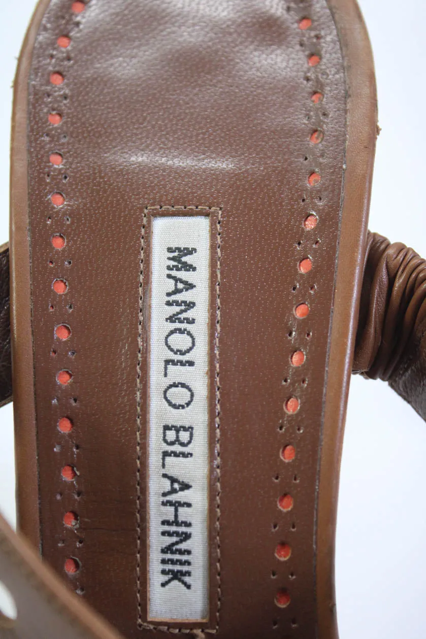 Manolo Blahnik Womens Perforated Leather Mules Sandals Brown Shoes_Manolo-Blahnik