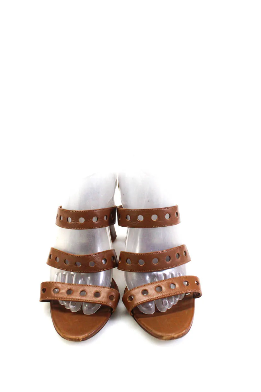 Manolo Blahnik Womens Perforated Leather Mules Sandals Brown Shoes_Manolo-Blahnik