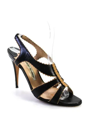 Manolo Blahnik Womens Stiletto Scalloped Ankle Strap Sandals Black Leather 37 LL19LL Shoes_Manolo-Blahnik