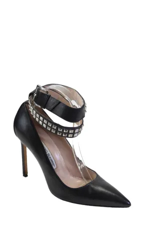 Manolo Blahnik Womens Stiletto Studded Ankle Strap Pumps Black Leather Shoes_Manolo-Blahnik