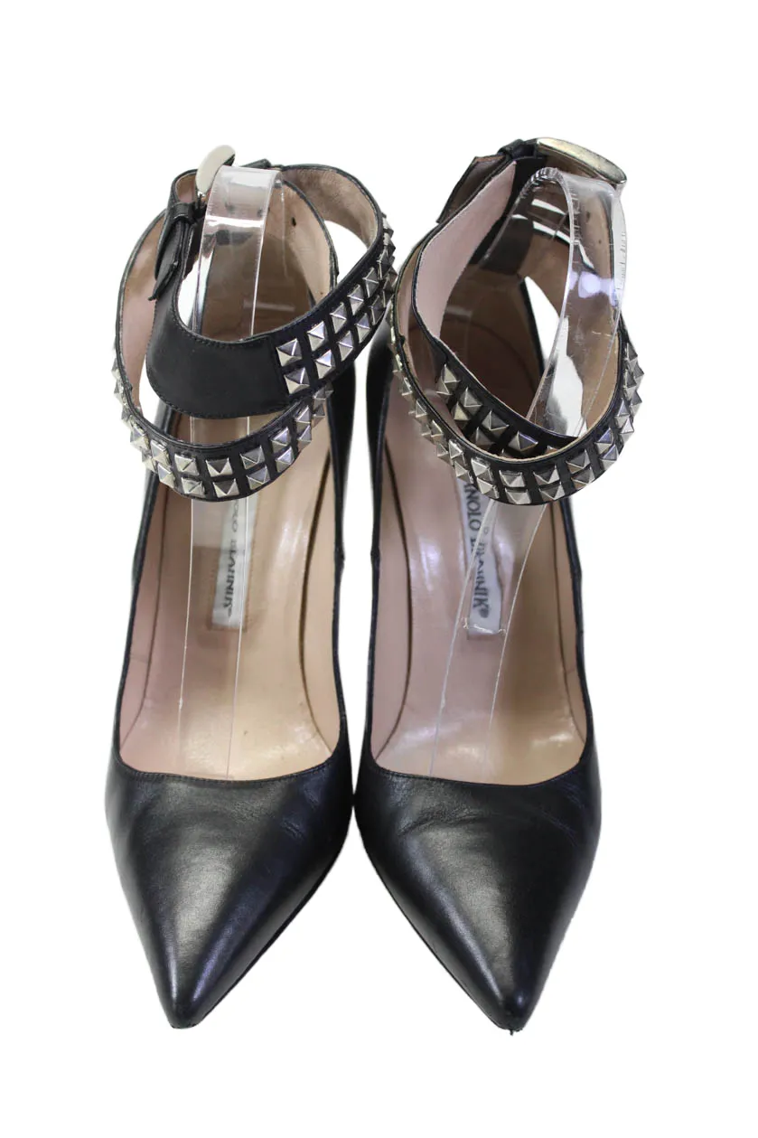 Manolo Blahnik Womens Stiletto Studded Ankle Strap Pumps Black Leather Shoes_Manolo-Blahnik