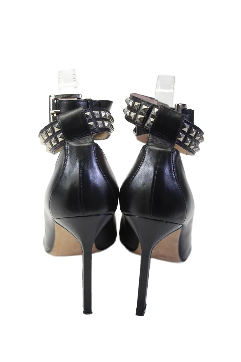 Manolo Blahnik Womens Stiletto Studded Ankle Strap Pumps Black Leather Shoes_Manolo-Blahnik