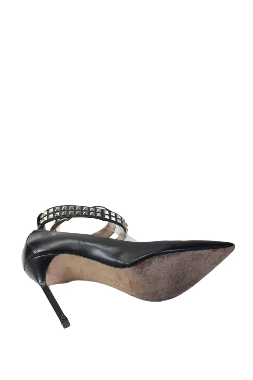 Manolo Blahnik Womens Stiletto Studded Ankle Strap Pumps Black Leather Shoes_Manolo-Blahnik