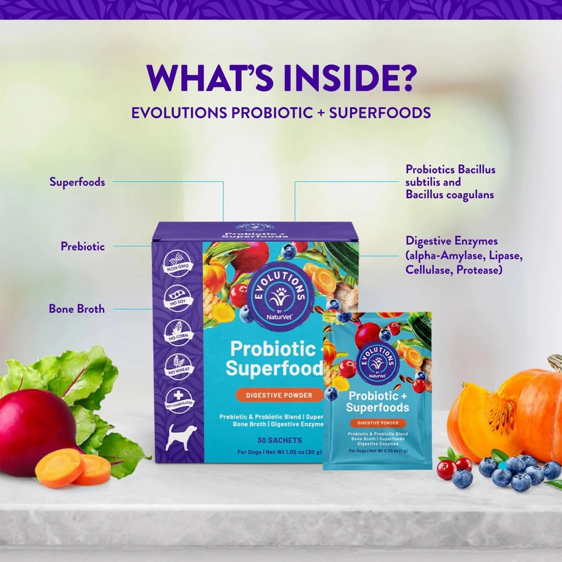 NaturVet Evolutions Probiotic   Superfoods Digestive Powder Dog Supplement (30 Sachets)
