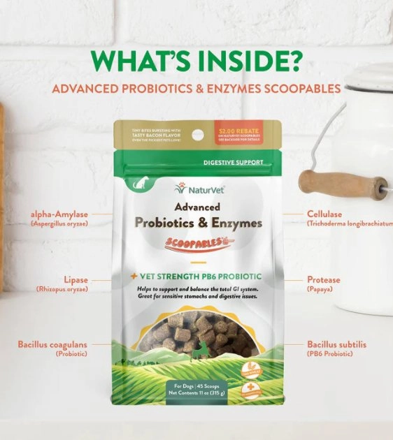 NaturVet Scoopables (Tiny Bites With Bacon Flavour) Advanced Probiotics & Enymes Vet Strength PB6 Probiotics Dog Supplement