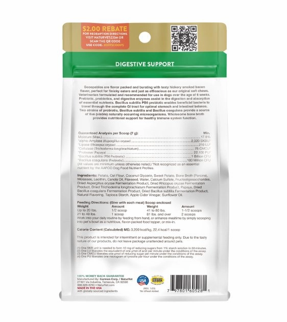 NaturVet Scoopables (Tiny Bites With Bacon Flavour) Advanced Probiotics & Enymes Vet Strength PB6 Probiotics Dog Supplement