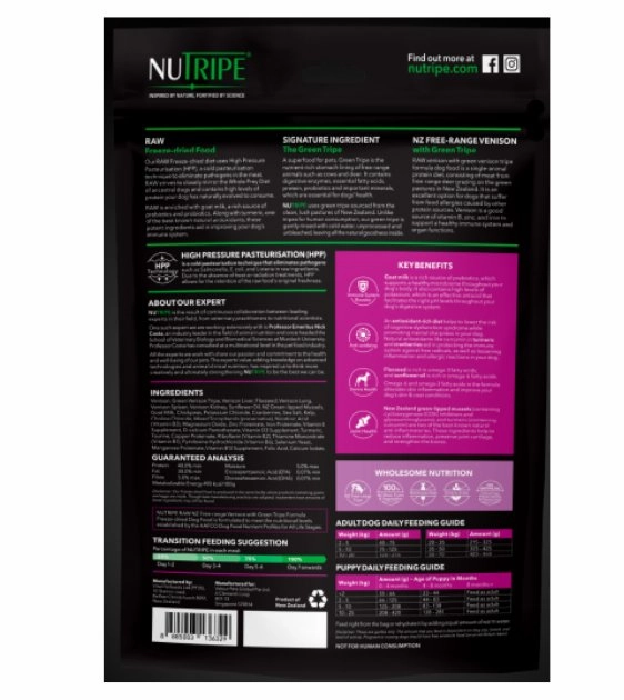 Nutripe Raw Freeze Dried Dog Food (Free-Range Venison with Green Tripe)