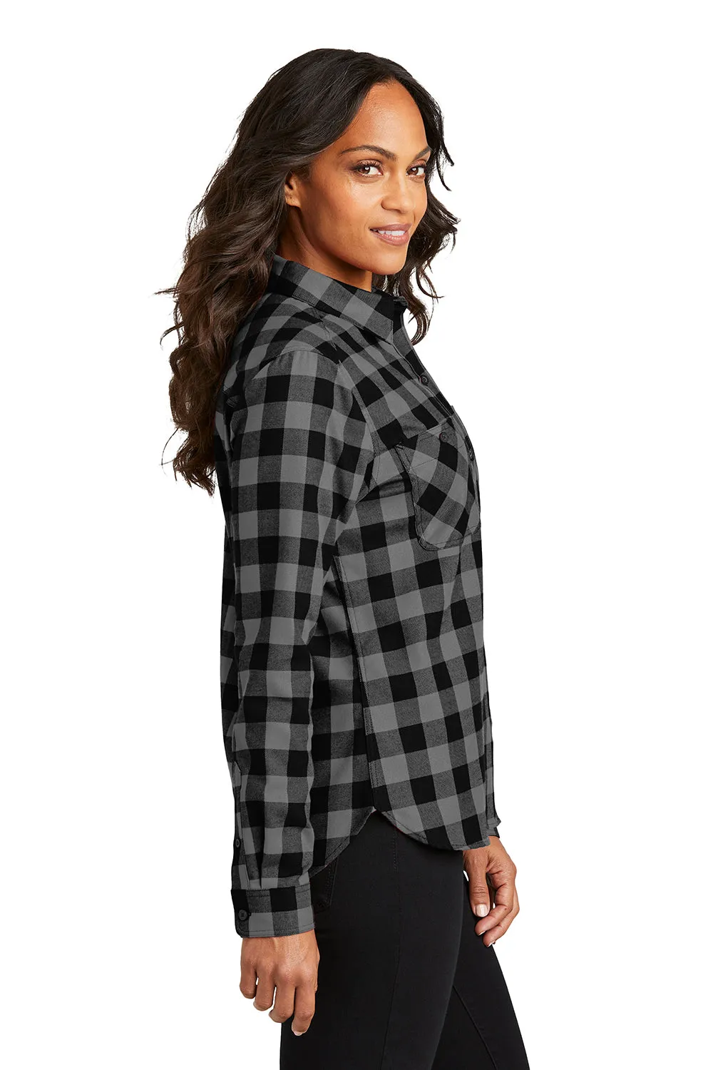 Port Authority Womens Plaid Flannel Long Sleeve Button Down Shirt w/ Double Pockets - Grey/Black Buffalo  Premium quality Clothing Port-Authority