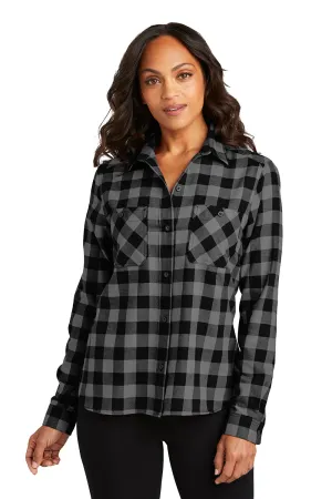 Port Authority Womens Plaid Flannel Long Sleeve Button Down Shirt w/ Double Pockets - Grey/Black Buffalo  Premium quality Clothing Port-Authority