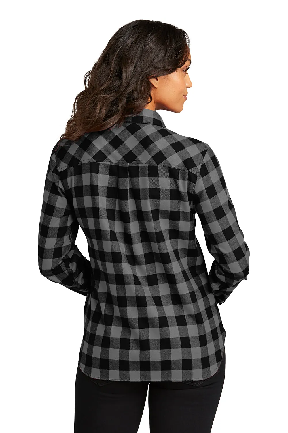 Port Authority Womens Plaid Flannel Long Sleeve Button Down Shirt w/ Double Pockets - Grey/Black Buffalo  Premium quality Clothing Port-Authority