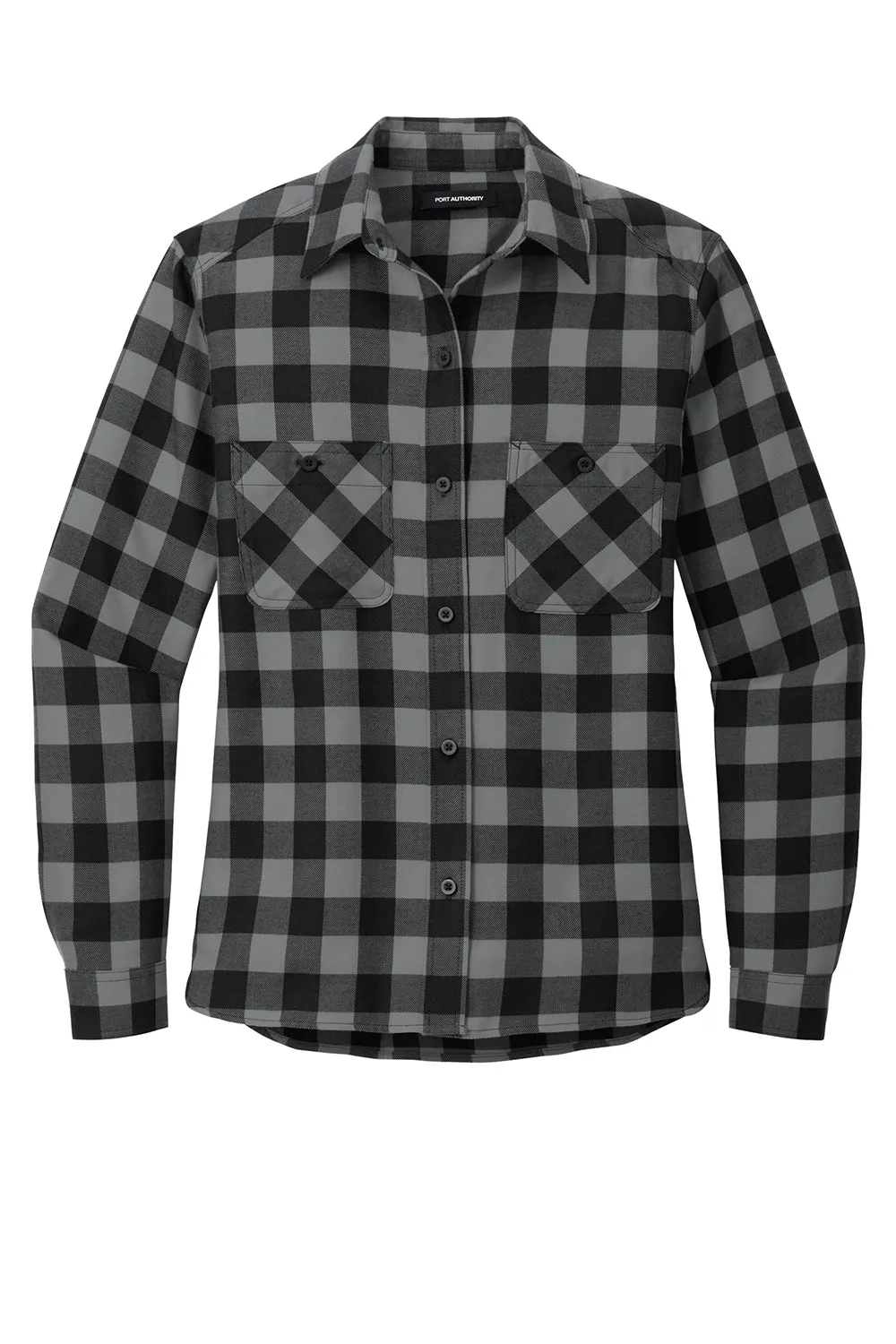 Port Authority Womens Plaid Flannel Long Sleeve Button Down Shirt w/ Double Pockets - Grey/Black Buffalo  Premium quality Clothing Port-Authority