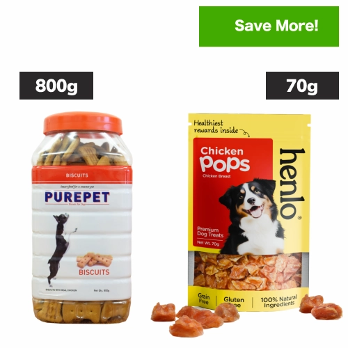 Purepet Chicken Flavour Real Chicken Biscuit and Henlo Chicken Pops Dog Treats Combo