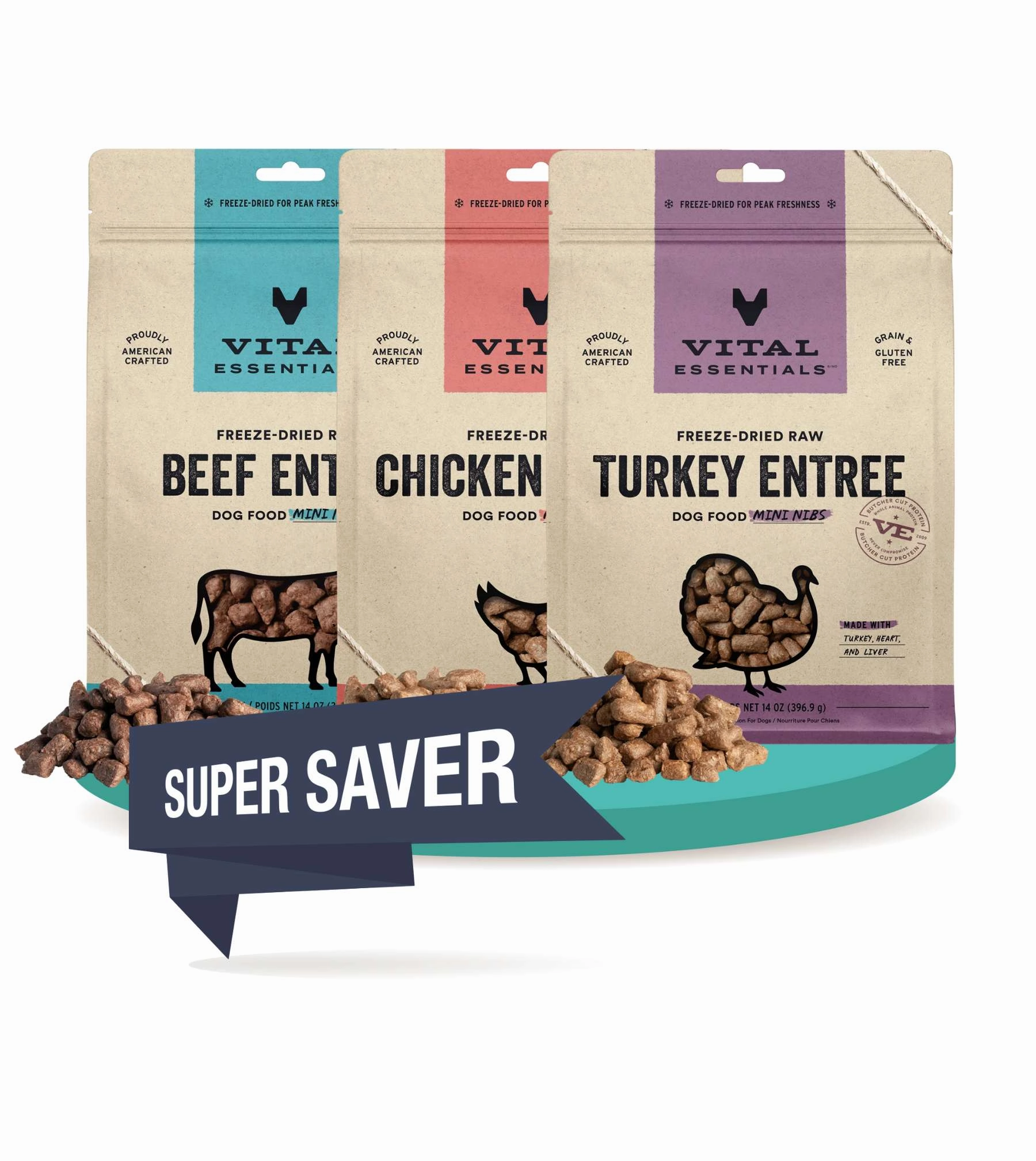 Vital Essentials Freeze Dried Raw MINI NIBS Dog Food 5.5oz (3-Pack Saver Bundle) freeze-dried dog food,lightweight pet food