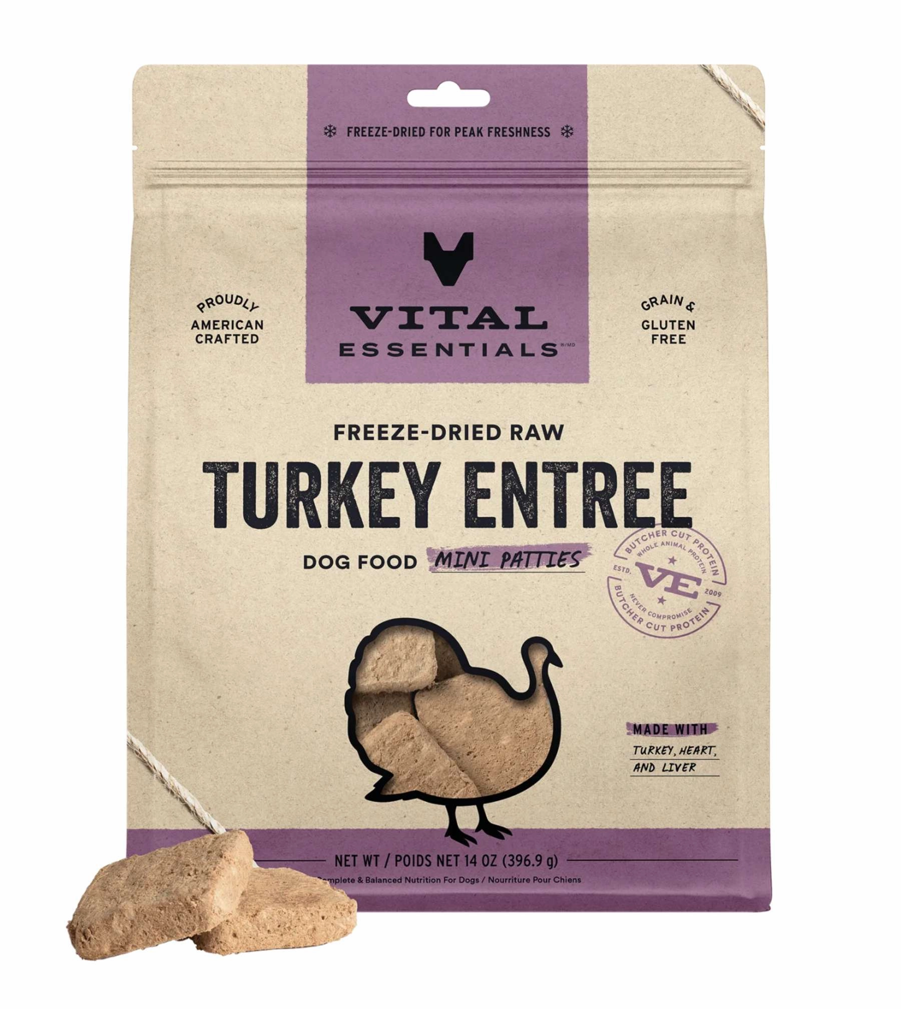 Vital Essentials Freeze Dried Raw MINI PATTIES Dog Food (Turkey) freeze-dried dog food,lightweight pet food