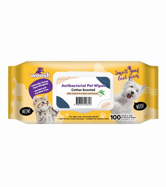 Woosh Antibacterial Pet Wipes with Vitamin E & Olive Leaf Extract (Cotton Scented) dog shampoo,bathing supplies