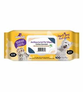 Woosh Antibacterial Pet Wipes with Vitamin E & Olive Leaf Extract (Cotton Scented) dog shampoo,bathing supplies