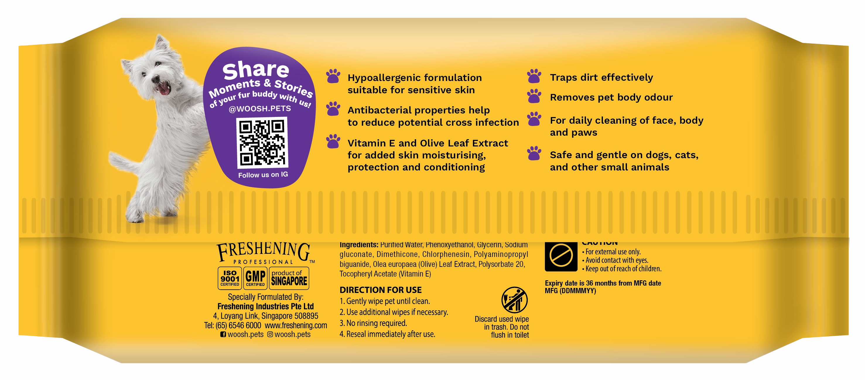 Woosh Antibacterial Pet Wipes with Vitamin E & Olive Leaf Extract (Fragrance-Free)