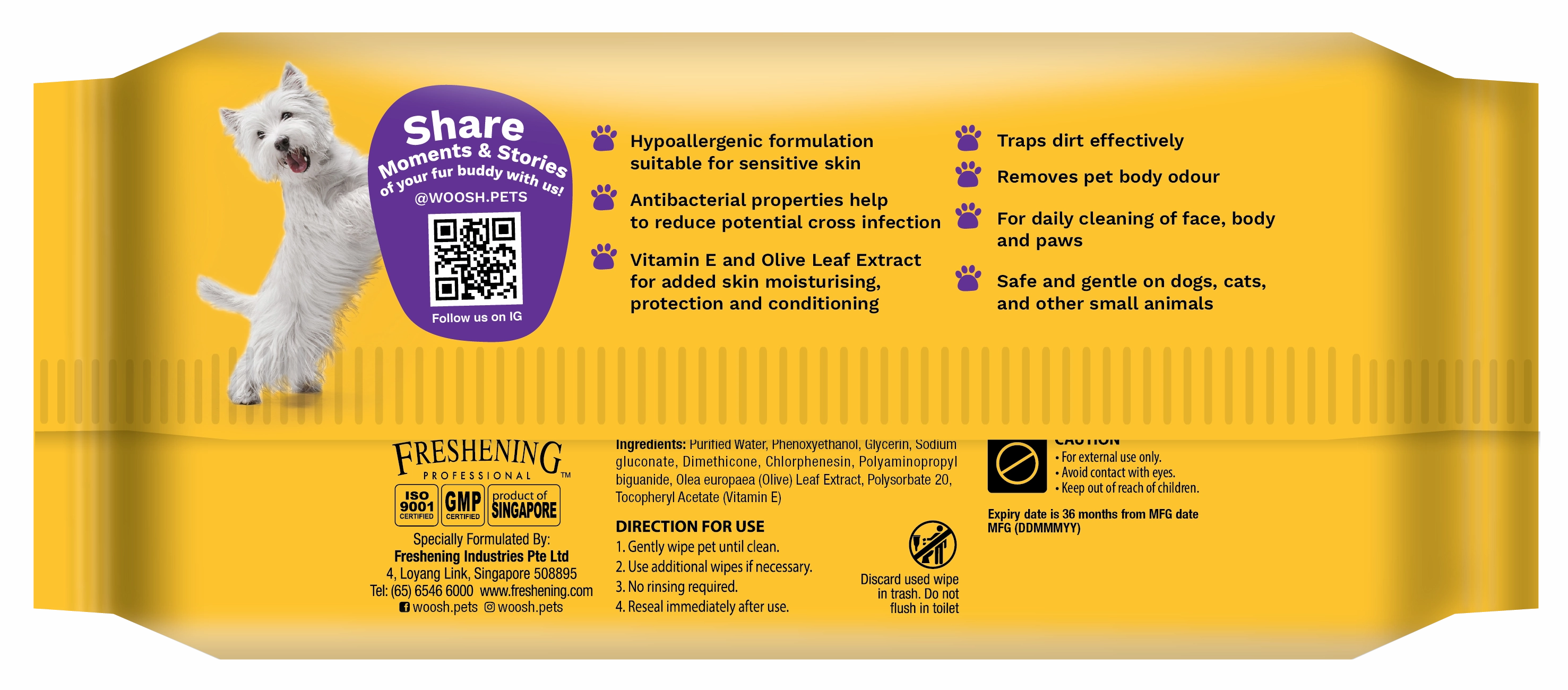 Woosh Antibacterial Pet Wipes with Vitamin E & Olive Leaf Extract (Fragrance-Free)