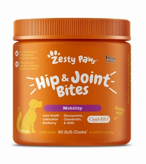 Zesty Paws Hip & Joint Bites Mobility Supplements for Dogs (Bacon Flavour) dog nutrition,healthy dog food